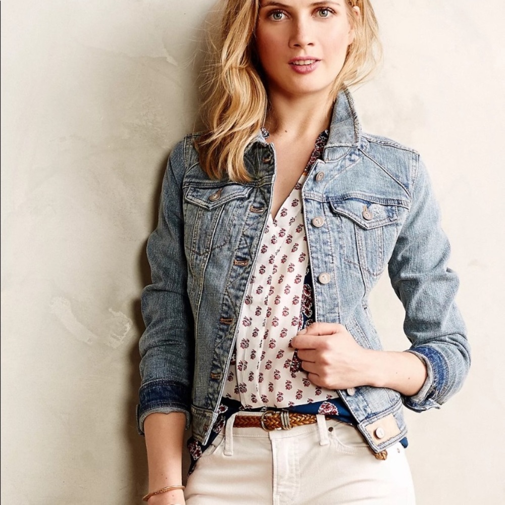 Pilcro/Anthro Denim Jacket Sz S Leather Patch Selvedge Trim Cotton Spandex